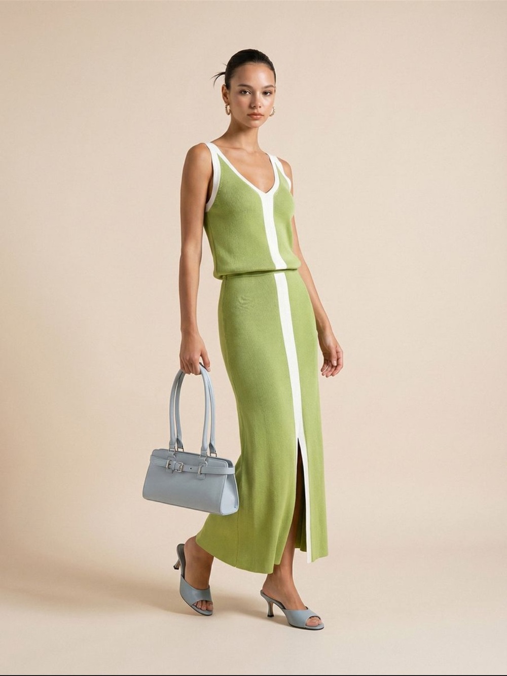 Contrast trim slit front ribbed knit maxi dress